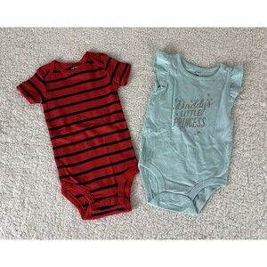 Lot of 2 Baby Girl Bodysuits 12 Months Striped Cute Saying Print Crew Neck